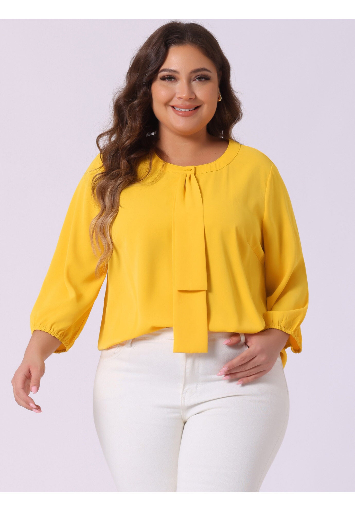 Work Round Neck Ruffle Chiffon Blouse Top, Yellow / Yellow, alternate image number 1