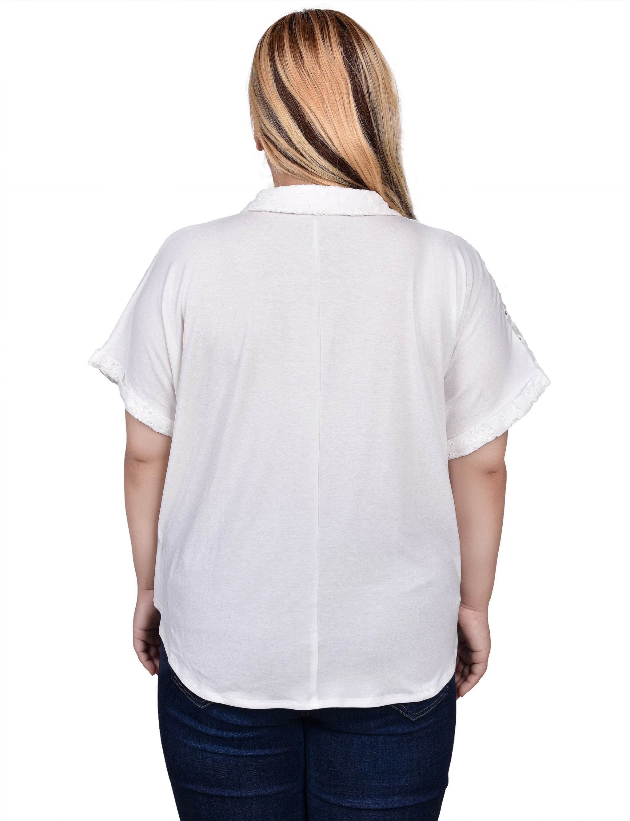 Short Sleeve Eyelet/Jersey Blouse, White / white, alternate image number 1