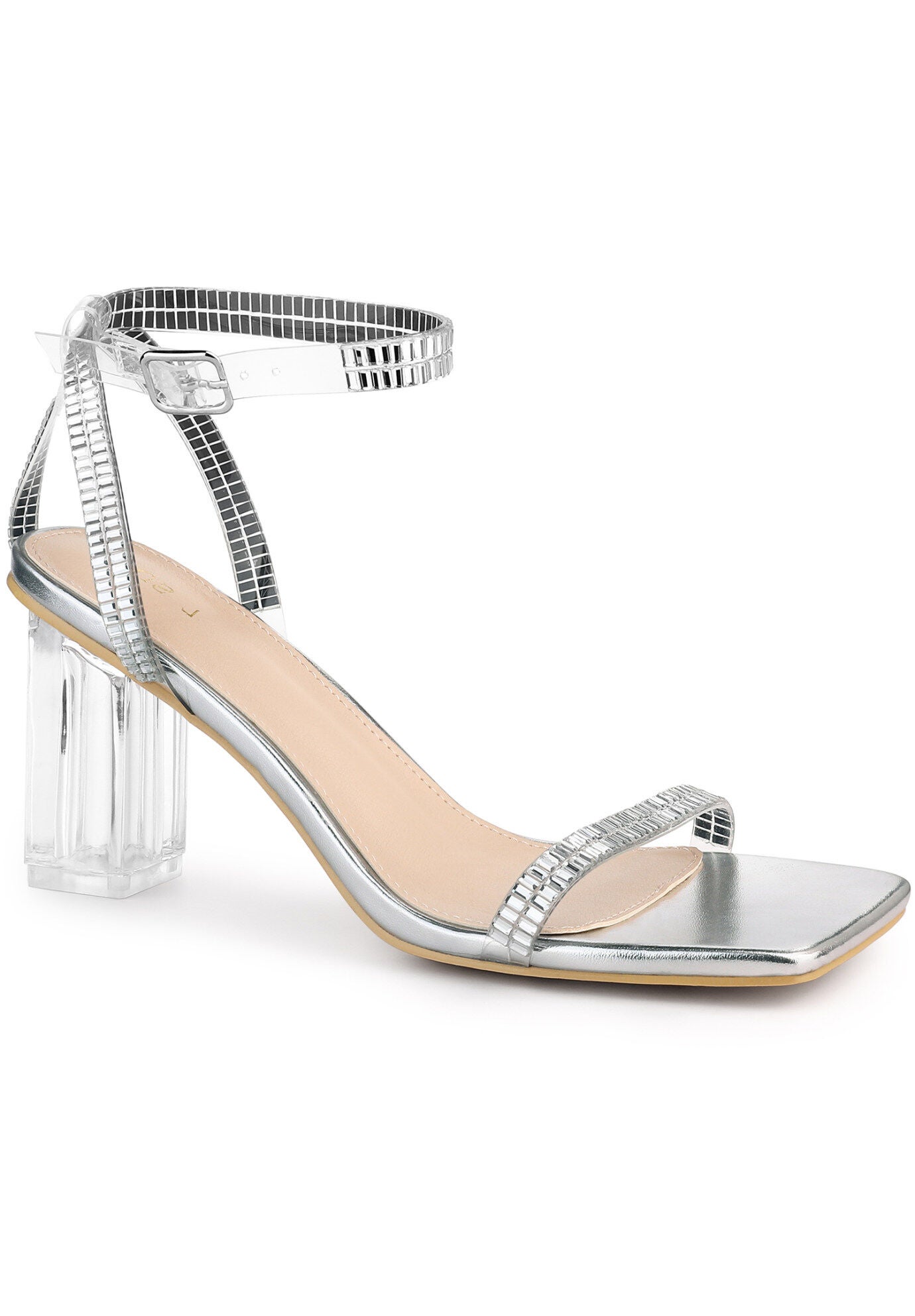 Square Toe Rhinestone Strap Clear Block Heels Sandals, Silver / Silver, hi-res image number 0