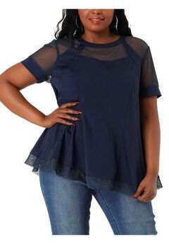 ROUND NECK SHORT SLEEVE MESH SHEER SUMMER PEPLUM TOP