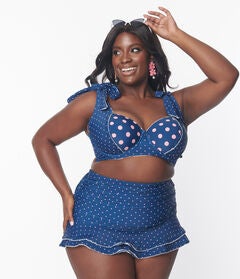 Unique Vintage Navy & Pink Pin Dot Totally Tied Up Swim Top
