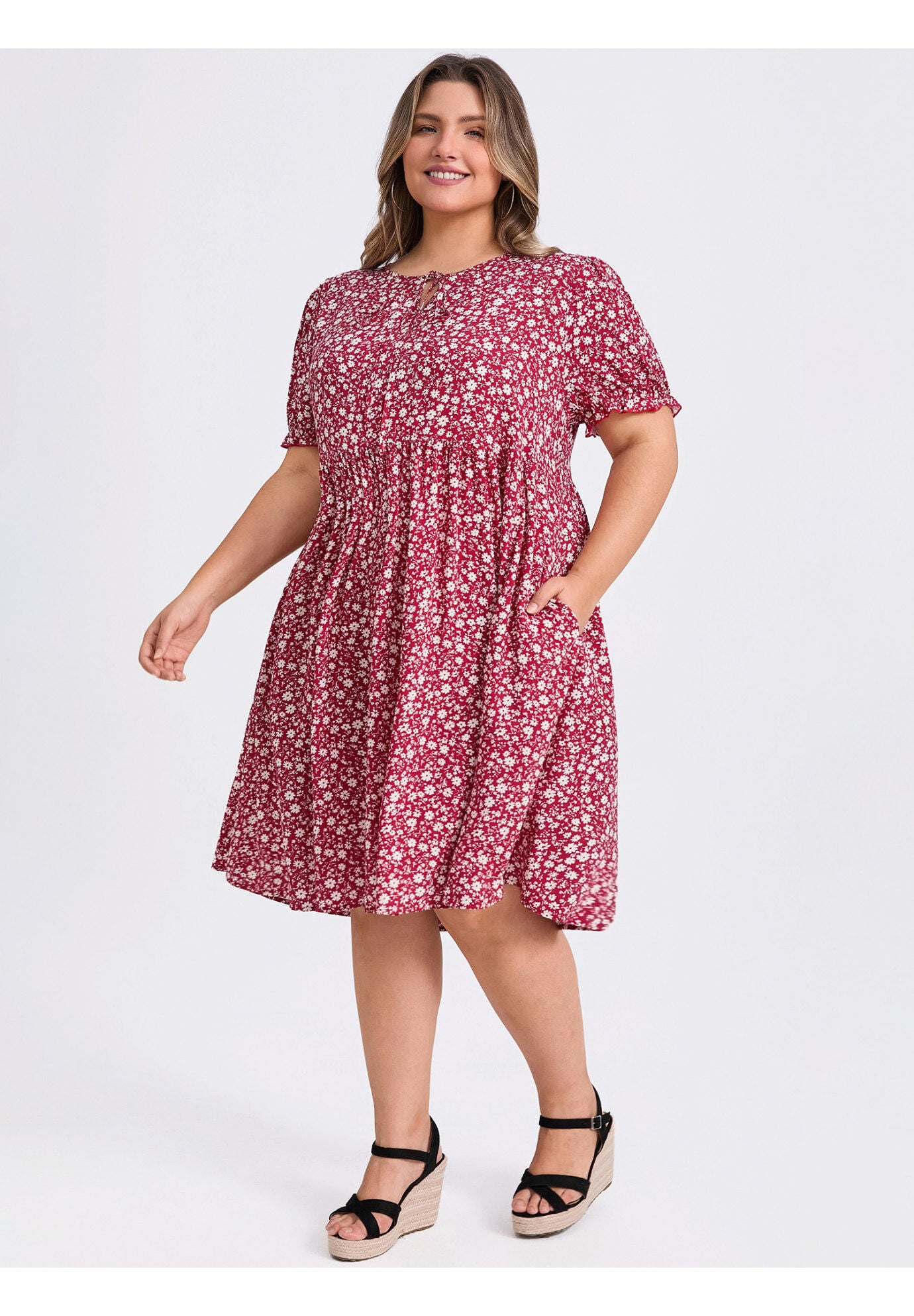Floral Tie Neck Puff Sleeves Above Knee A-Line Dress with Pockets, Dark Red / Burgundy, alternate image number 1