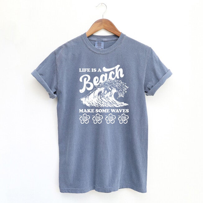 Make Some Waves Flowers Garment Dyed Tee, Blue Jean / Chambray Denim Medium, hi-res image number 0