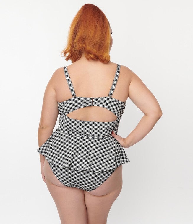 Unique Vintage Plus Size Black & White Gingham Daphne Swim Bottoms, Black White Gingham / Black, alternate image number null