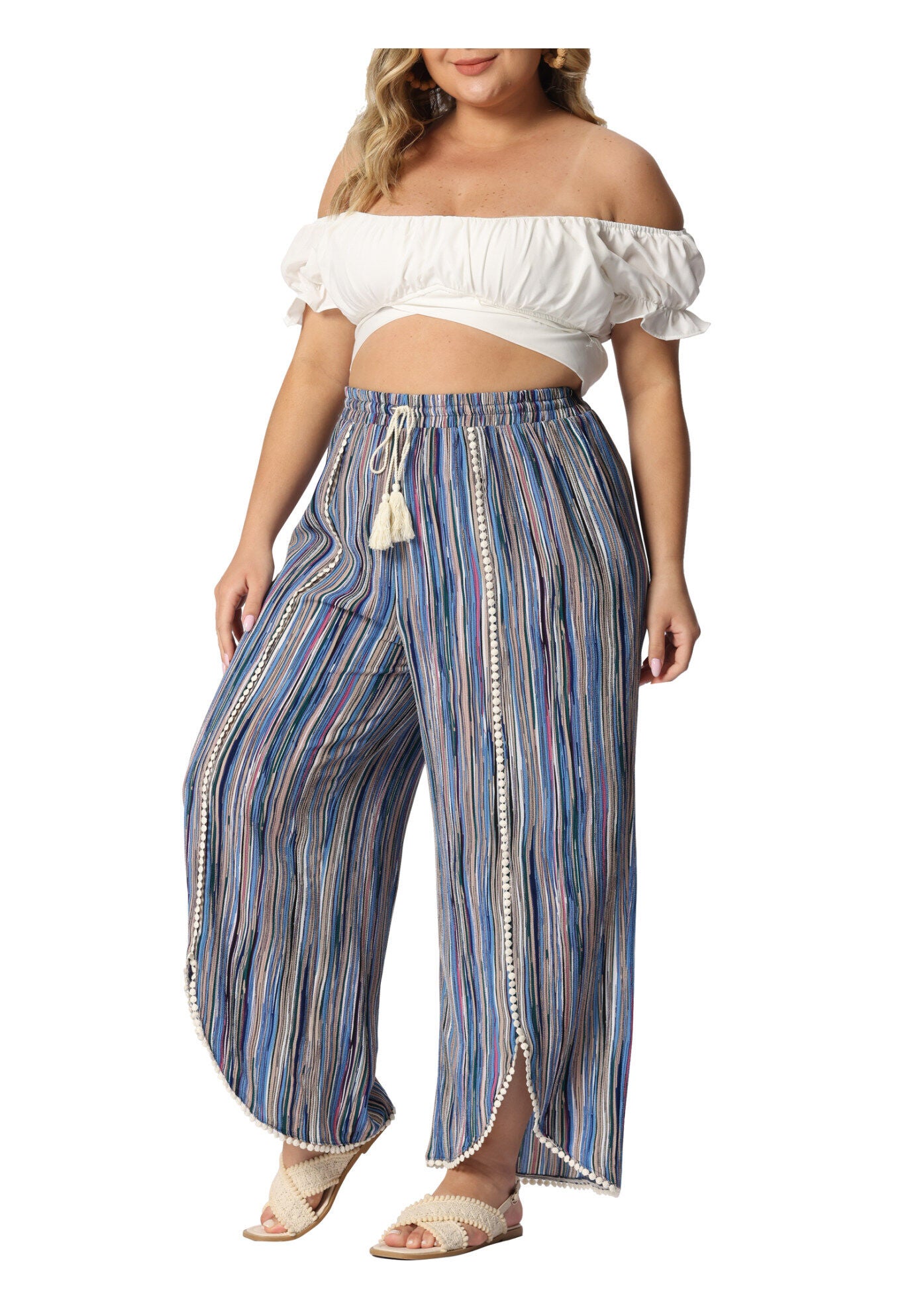 SPLIT ELASTIC WAIST FLOWY STRIPED WIDE LEG PANTS, Blue / Light Blue, alternate image number 1
