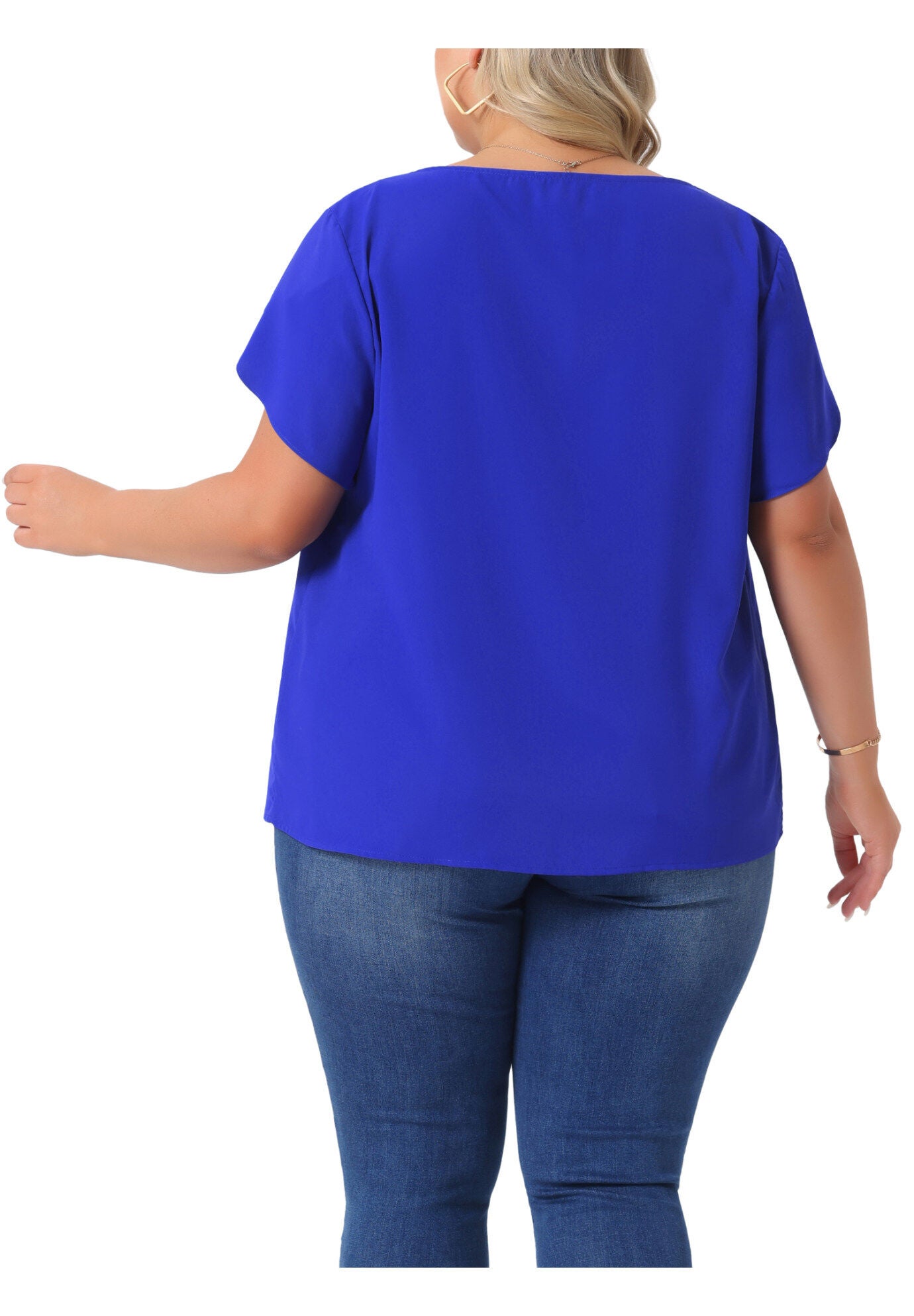 Round Neck Pleated Top Tulip Sleeves Blouse Top, Royal Blue / Royal Blue, alternate image number 3