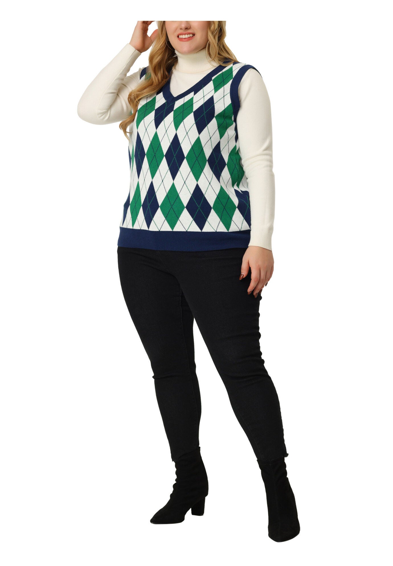 Plaid Cable Knit Sleeveless Pullover Top Sweater Vest, Green / Kelly Green, alternate image number 1