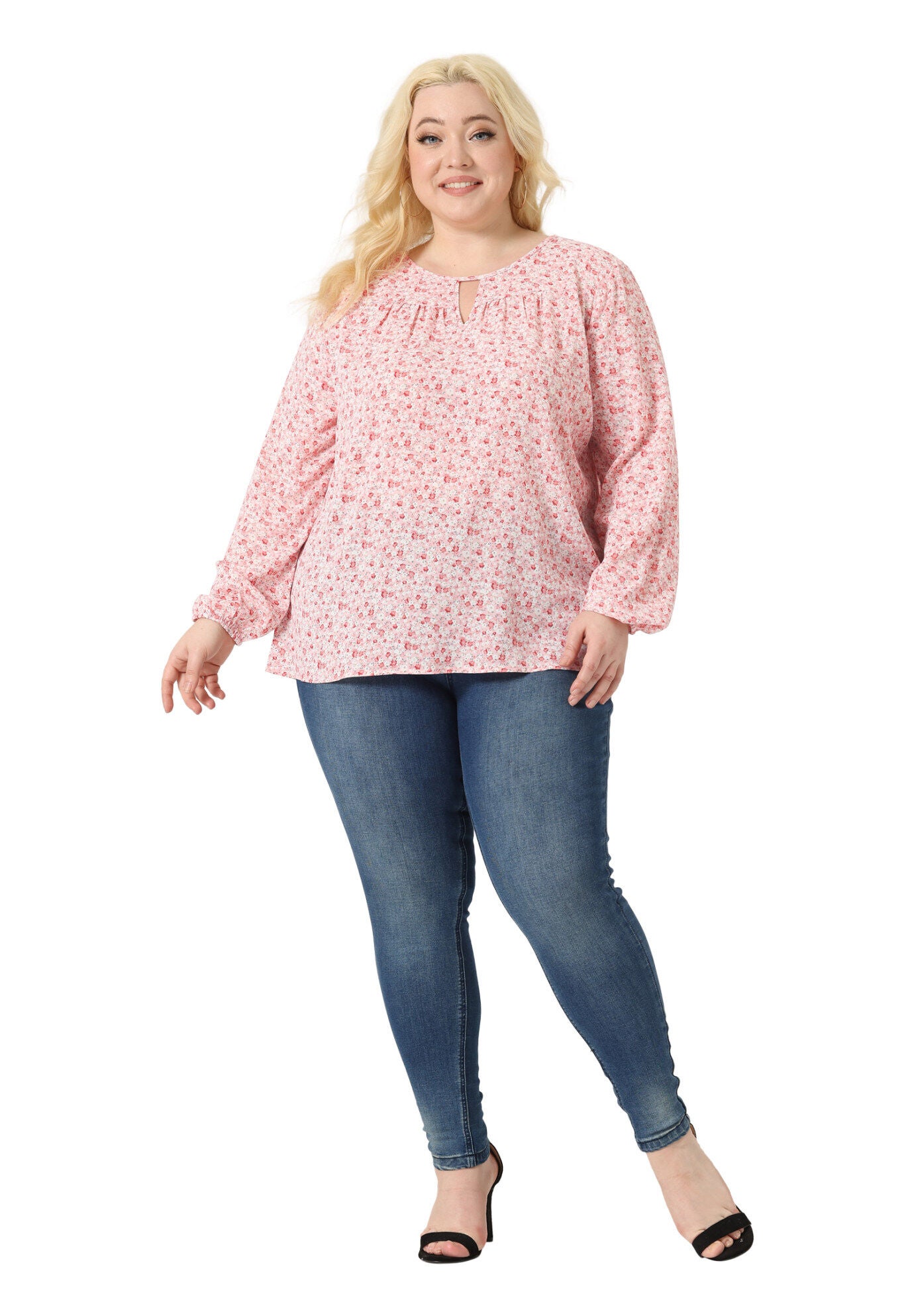 Chiffon Long Sleeve Keyhole Blouse Floral Top, Pink / Pink, hi-res image number 0