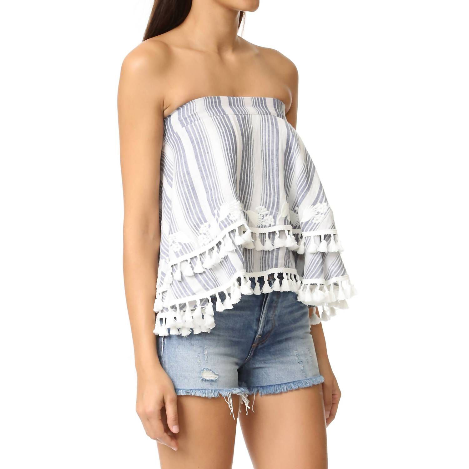 WOMEN'S AMARIS TASSEL TRIM EMBROIDERED FLORAL STRAPLESS TOP IN WHITE/BLUE, , alternate image number 3