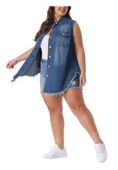 BUTTON UP FRAYED HEM SLEEVELESS JEAN DENIM VEST