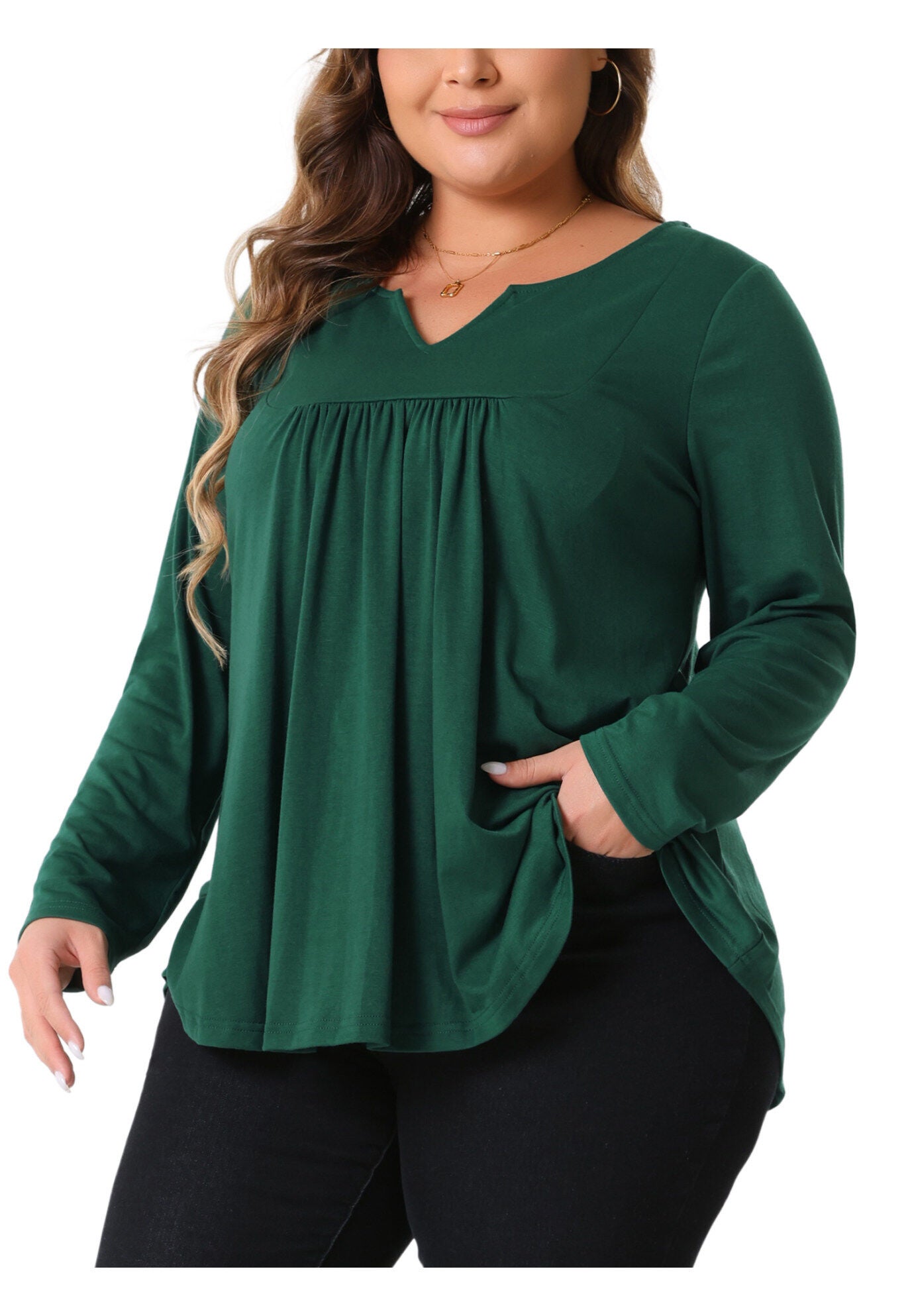 Notched Neck Long Sleeve Front Pleated Blouse, Dark Green / Forest Green, alternate image number 2