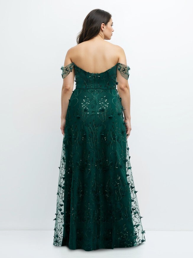 Off-the-Shoulder A-line 3D Floral Embroidered Dress, Evergreen / Hunter Green, alternate image number 1