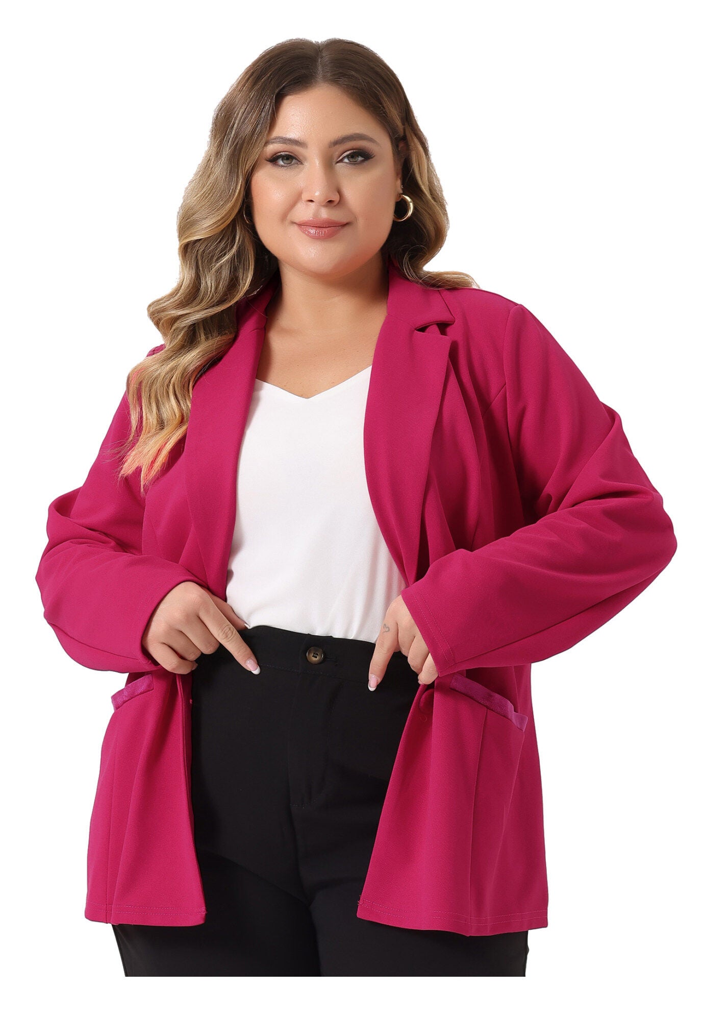 NOTCHED LAPEL V NECK WORK SUIT BLAZER, Hot Pink / Deep Fuchsia, alternate image number 1