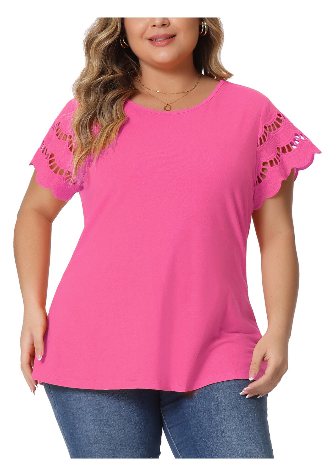 Lace Panel Hollow Short Sleeve Summer Blouse, Hot Pink / Magenta, alternate image number 1