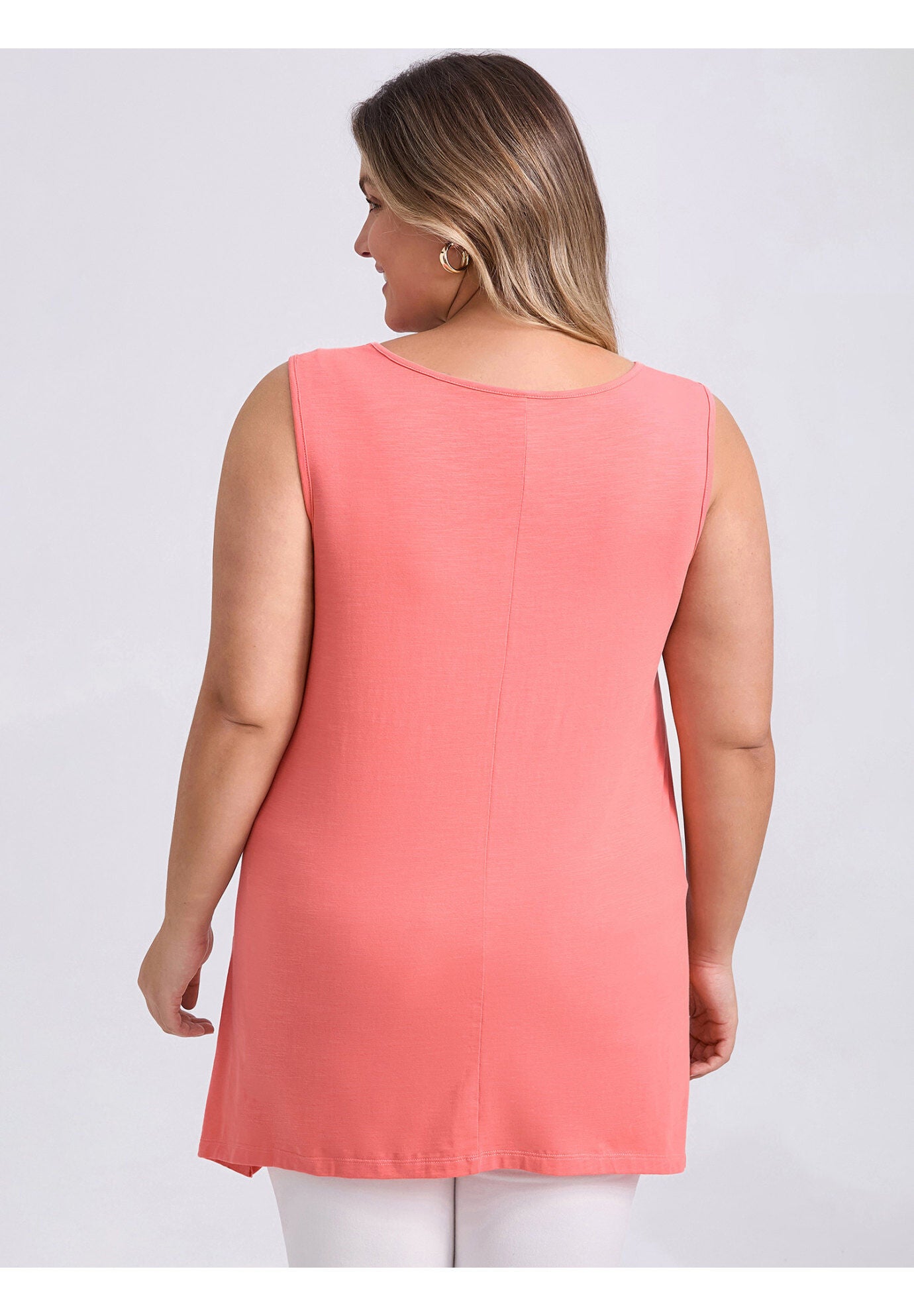 Sleeveless Hanky Asymmetrical Hem Loose Fit Flowy Tank Top with Pockets, Coral Pink / Coral, alternate image number 2