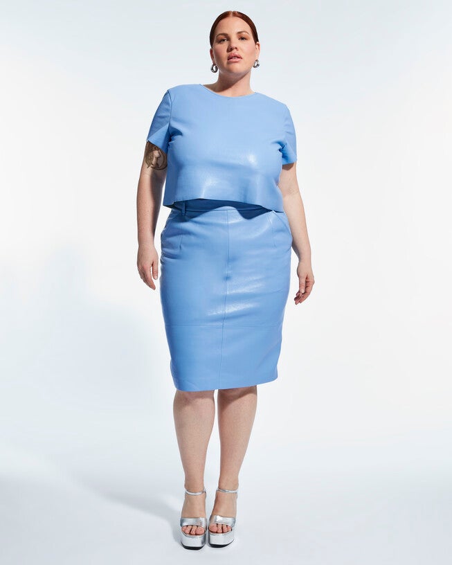 Becca Recycled Leather Skirt, Powder Blue / Azure Blue, alternate image number null