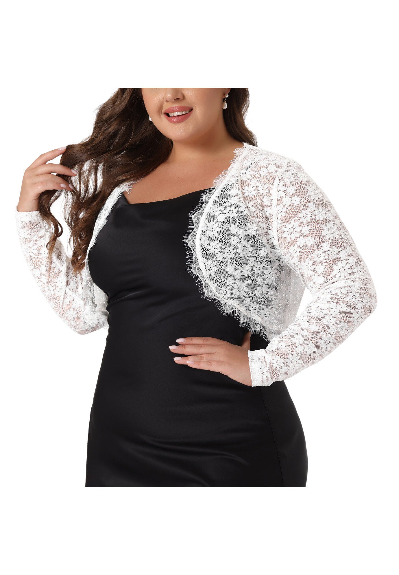 LONG SLEEVE FLORAL LACE SHRUG, White / White, alternate image number 2