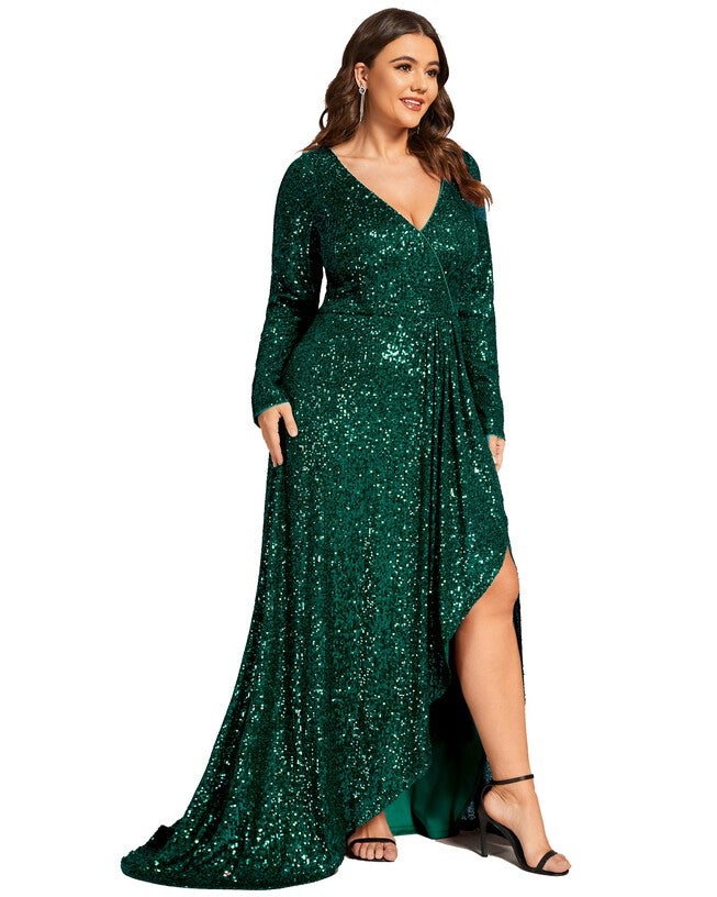 Sequin Long Sleeve V-neck Asymmetrical Hem Evening Dress, , alternate image number 8