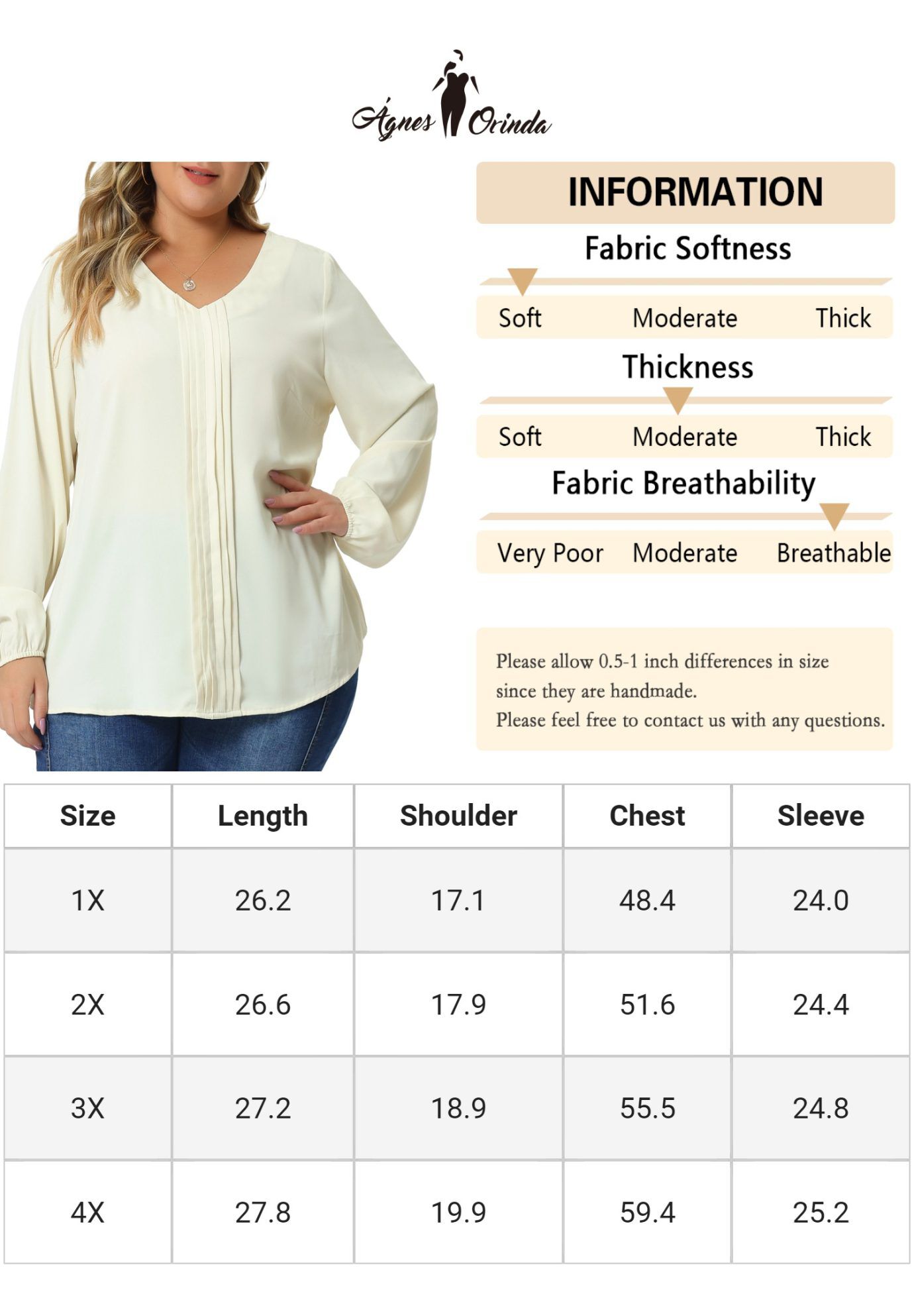 Long Sleeve Flowy Shirt Pleated V Neck Blouse, Apricot / Cream, alternate image number 4