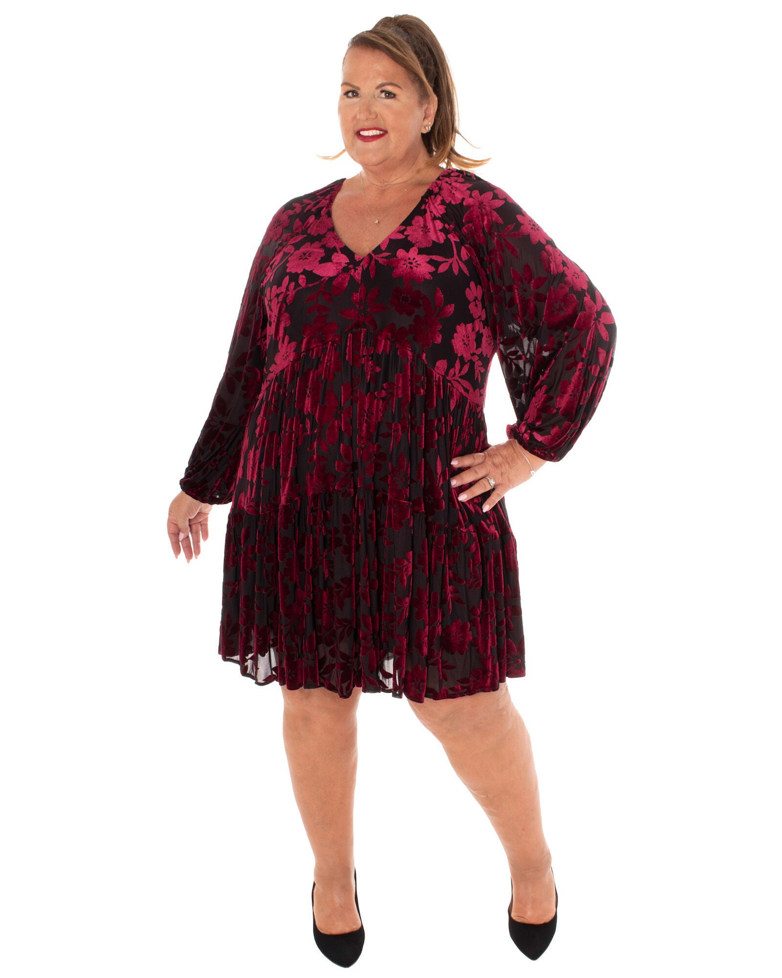 ICY VELVET BURNOUTSILKY DENIER FULLY LINED DRESS, BLACKRUBY / Red, hi-res image number 0