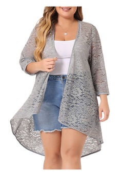LIGHTWEIGHT 3/4 SLEEVE OPEN FRONT CROCHET LACE COVER UP