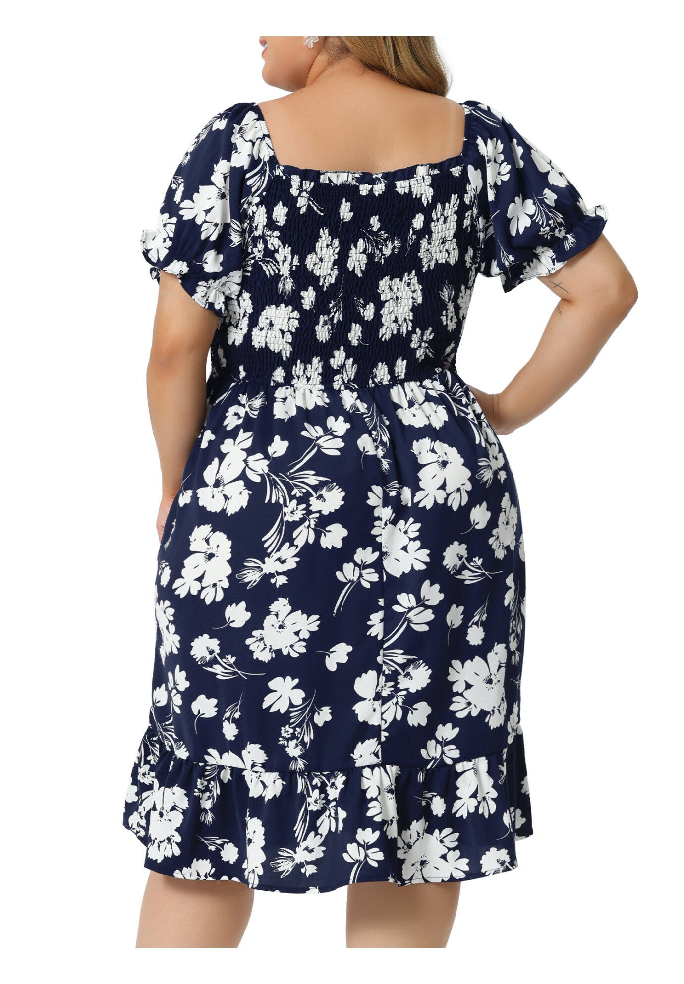 Ruffle Short Sleeve Flared Flowy Smock Floral Print Dress, Navy Blue / Navy, alternate image number 3