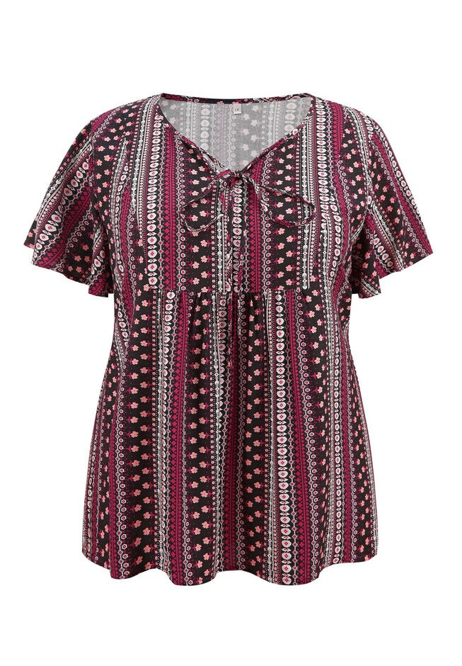 Boho Floral Print Drawstring Collar Blouse, Plum Purple / Purple, alternate image number 3