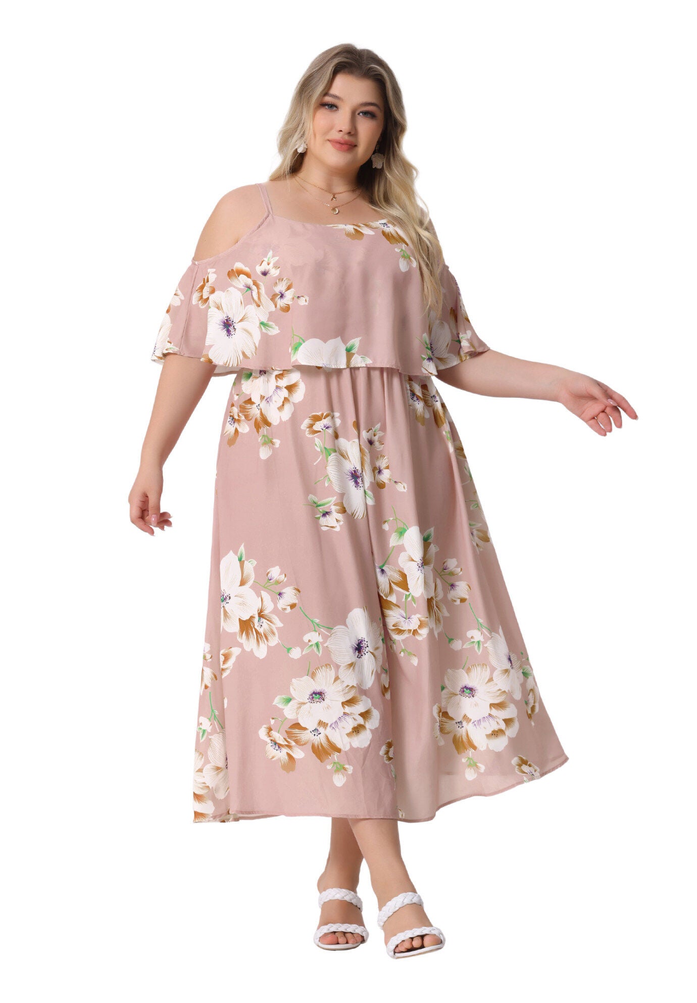 Square Neck Adjustable Strap Sundress Summer Maxi Dress, Pink / Pink, hi-res image number 0