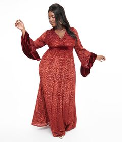 1970s Burgundy Velvet Burnout Maxi Dress