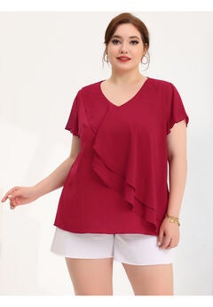 Flutter Sleeves Blouse V Neck Layer Chiffon Ruffle Top