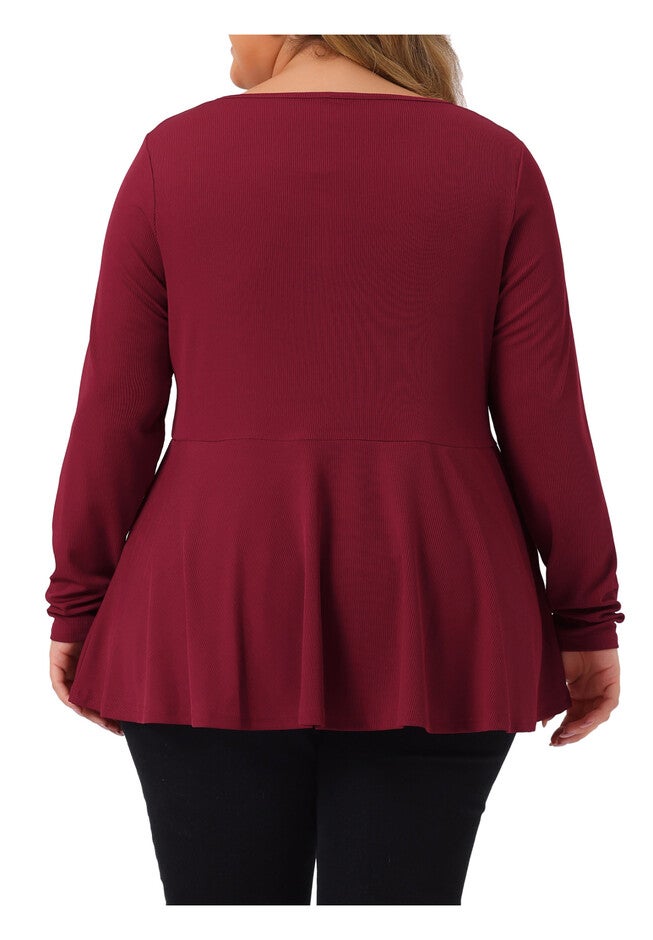 Long Sleeve Half Zip Up Low Cut Ruffle Babydoll Peplum Top, Burgundy / Burgundy, alternate image number 3