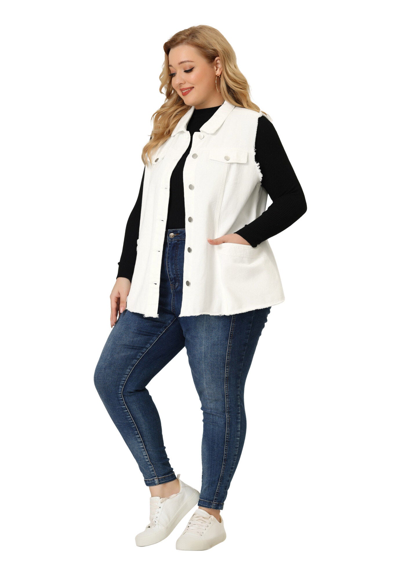 BUTTON FRONT LAPEL FRAYED WASHED SLEEVELESS LONG DENIM VEST, White / White, hi-res image number 0