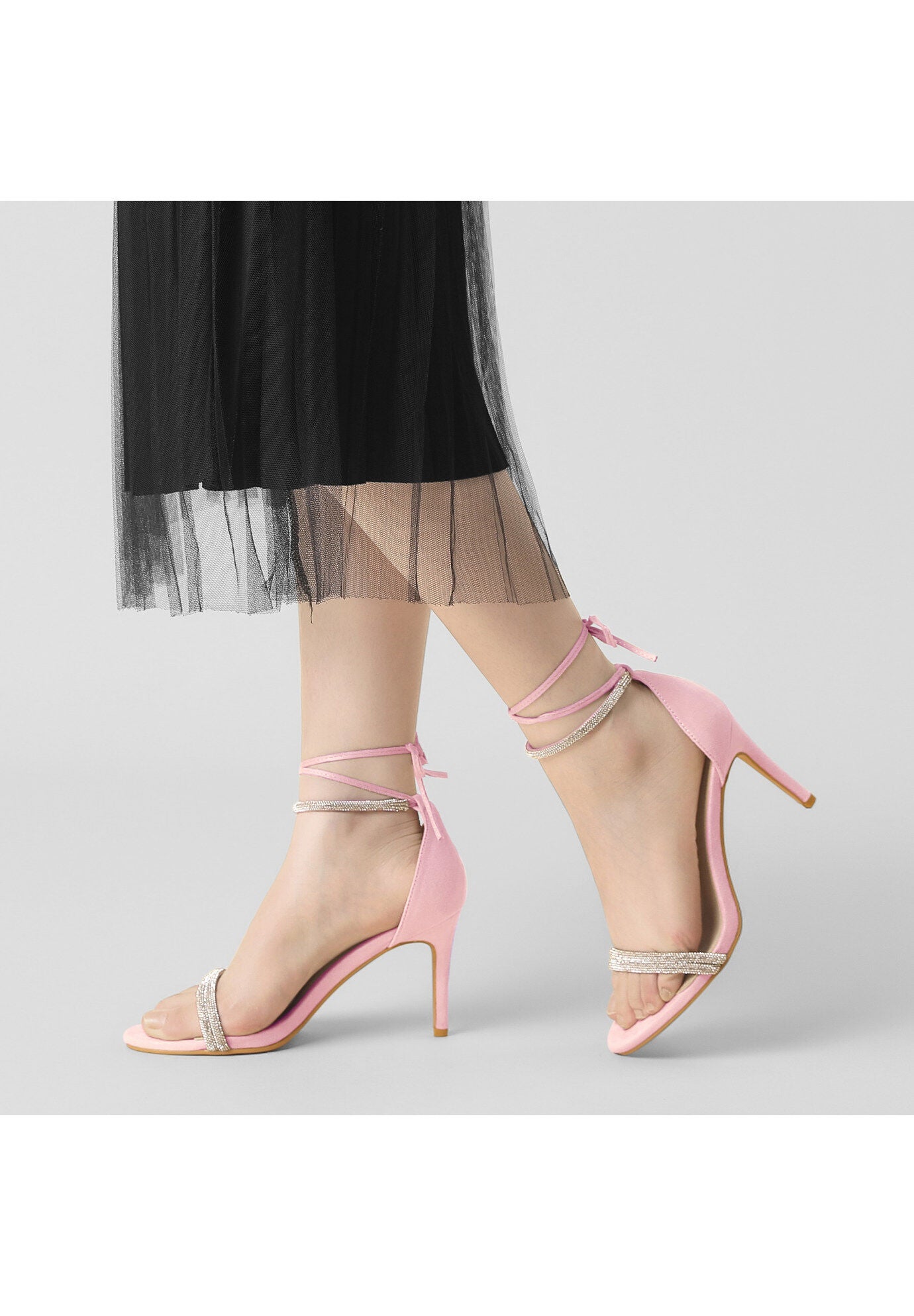 Rhinestone Ankle Tie Stiletto Heels Sandals, Pink / Pink, alternate image number 2