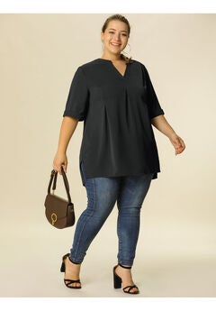V Neck Casual Solid 1/2 Sleeve Tunic Blouse