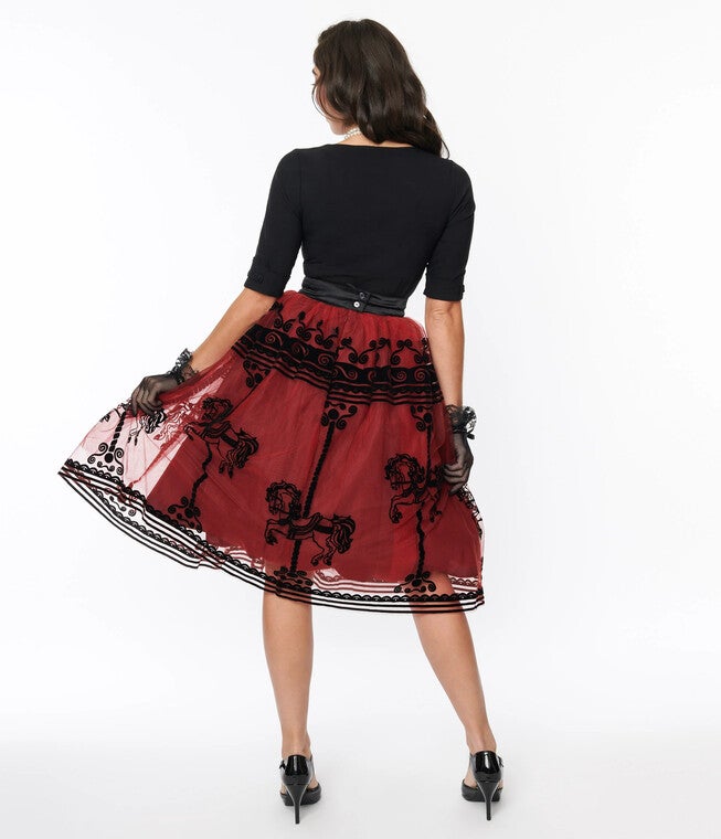Unique Vintage Burgundy Carousel Brilliance Swing Skirt, Burgundy Black Carousel / Burgundy, alternate image number null