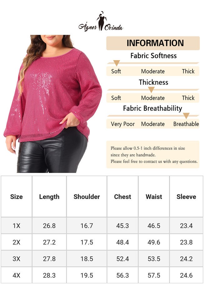 Long Sleeve Glitter Party Sparkly Sequin Top, Hot Pink / Deep Fuchsia, alternate image number null