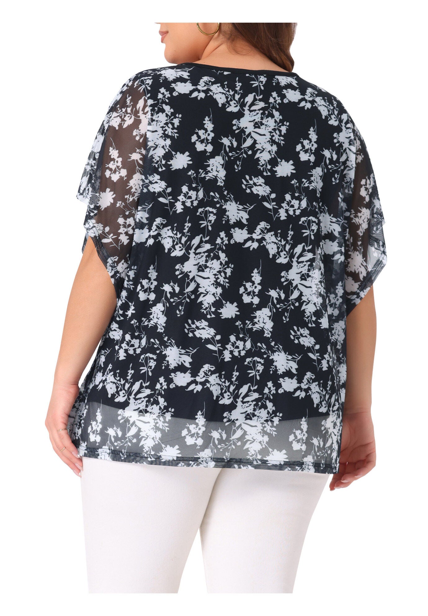 Floral Pattern Batwing Sleeve Beach Cover Loose Tunic Blouse, Black / Black, alternate image number 3