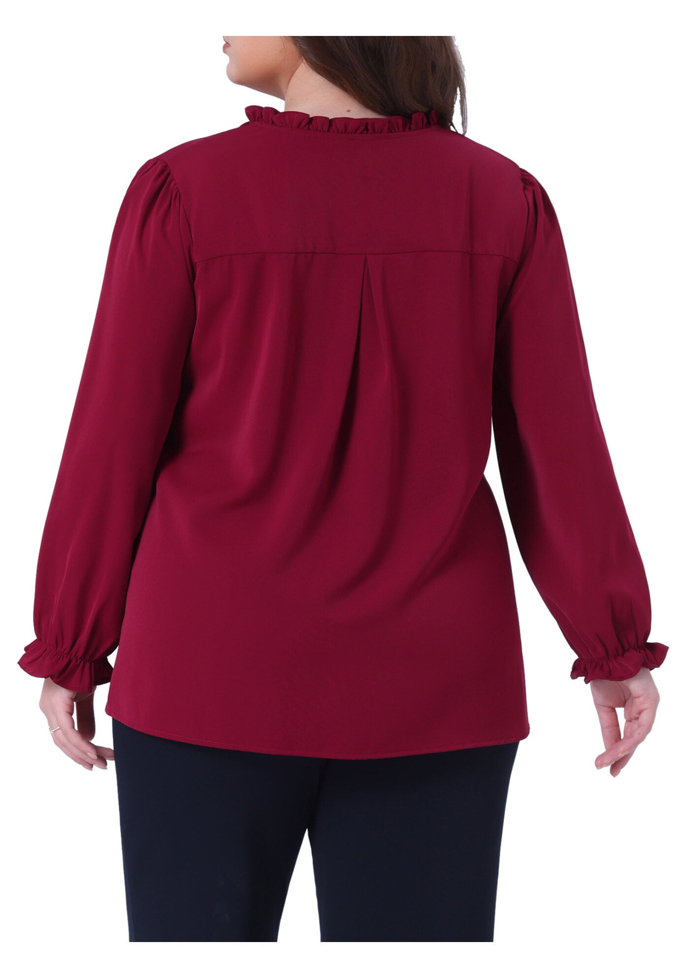 Long Sleeve Ruffle Front Pleated Top Elastic Cuff Blouse, Burgundy / Burgundy, alternate image number 3