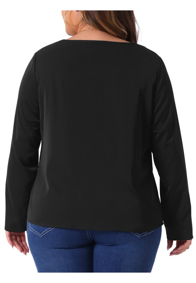 V Neck Long Sleeve Metal Chain Cutout Front T-Shirt Top, Black / Black, alternate image number 3