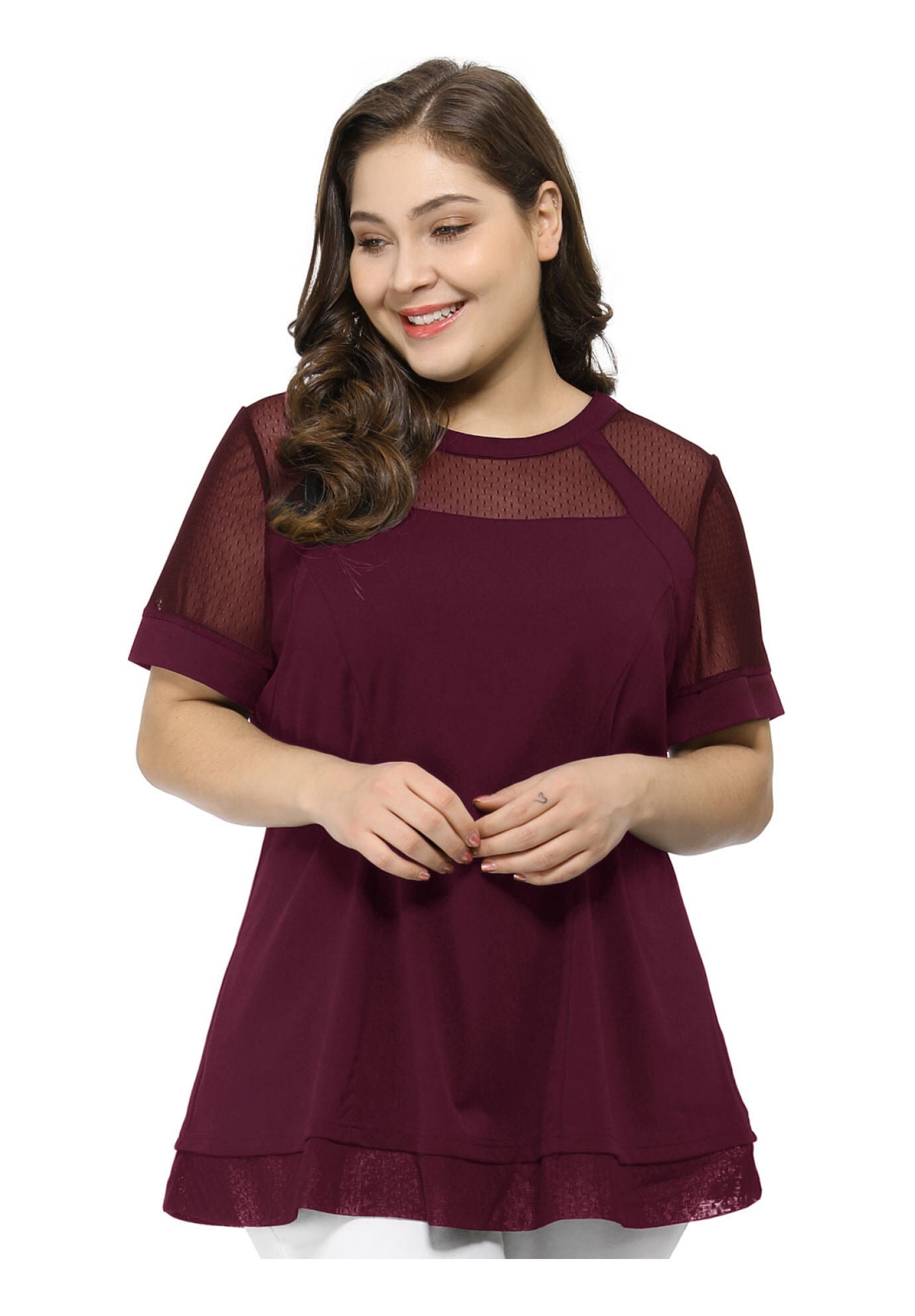 ROUND NECK SHORT SLEEVE MESH SHEER SUMMER PEPLUM TOP, Red / Red, alternate image number 1