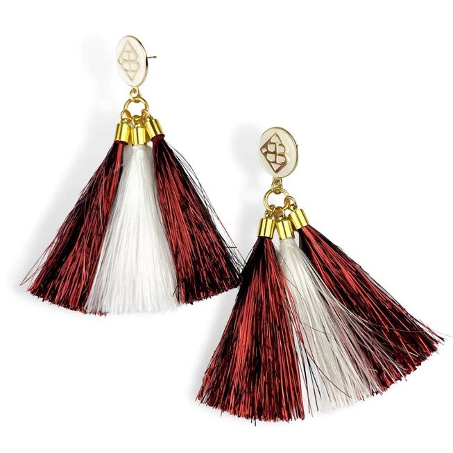 METALLIC JUMBO TASSEL EARRINGS IN MAROON AND WHITE, Maroon And White / White, alternate image number null