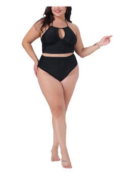 2 Piece Halter Ruched Polka Dots Solid High Waisted Swimsuit Set