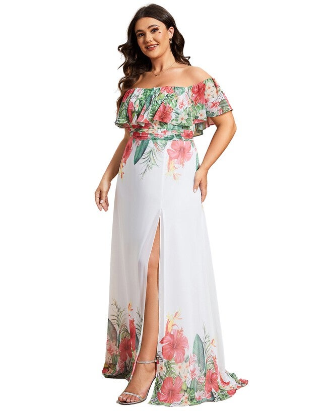 Summer Printed Chiffon Off the Shoulder A-Line Evening Dress, White Red / Red, alternate image number null