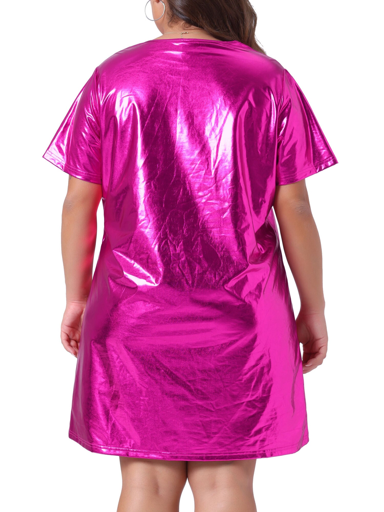Metallic Round Neck Short Sleeve Loose Mini T-Shirt Dress, Hot Pink / Deep Fuchsia, alternate image number 2