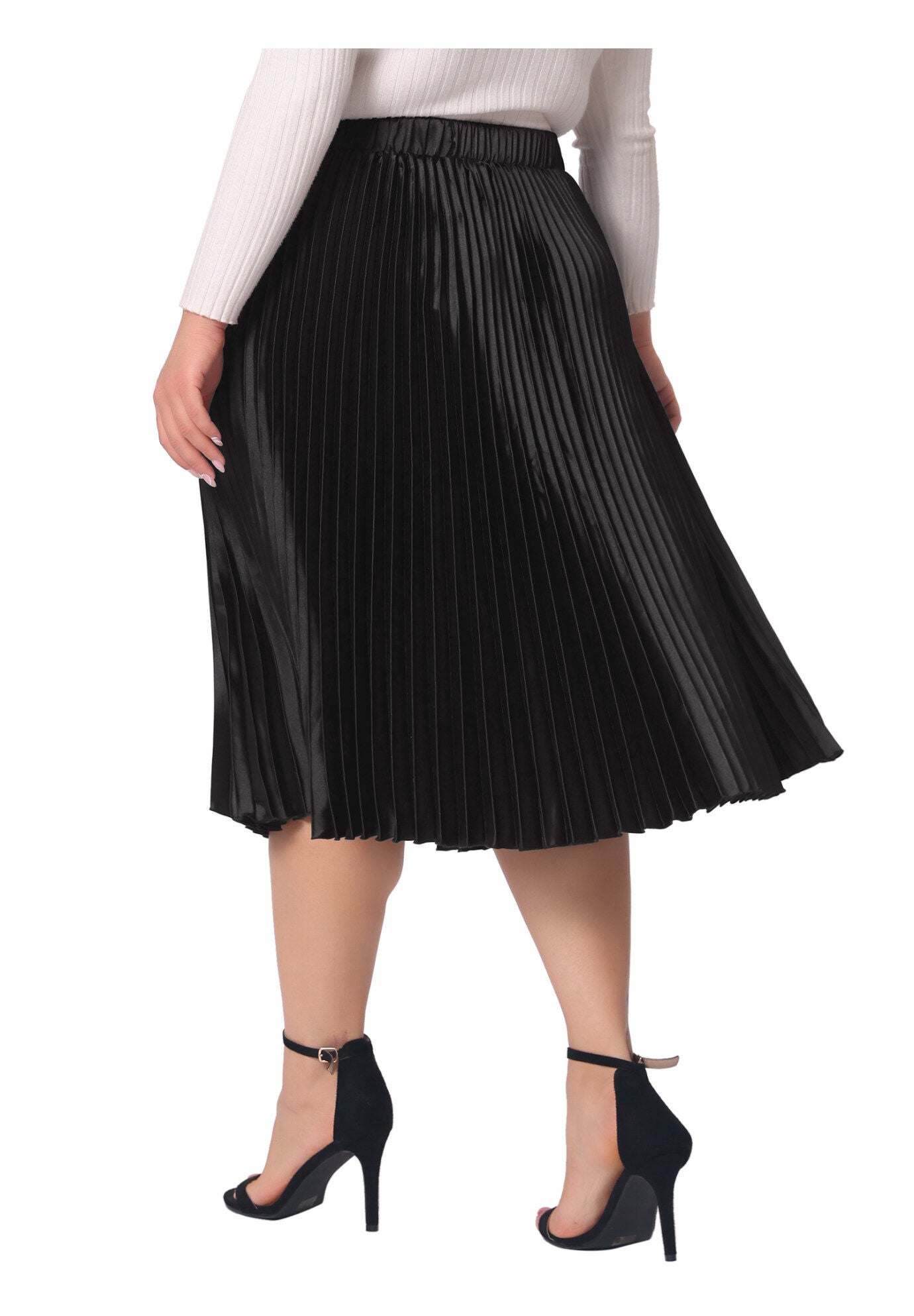 Elastic High Waist Metallic Shiny Accordion Pleated Midi Skirt, Black / Black, alternate image number 3