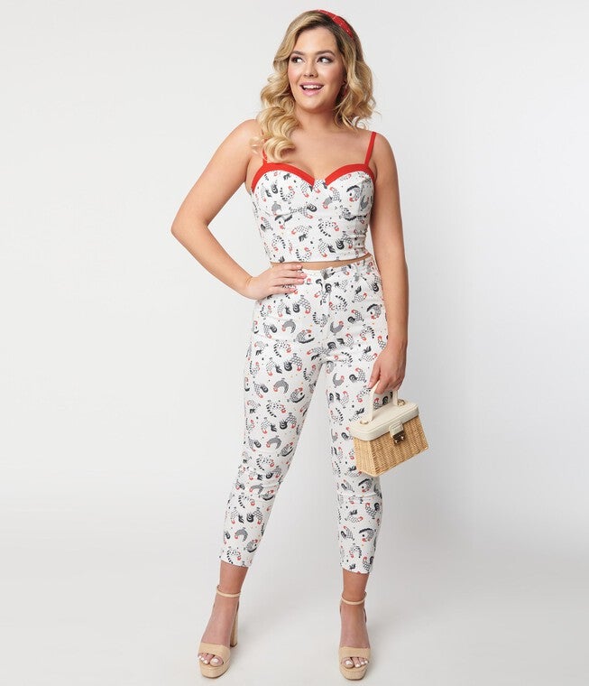 Unique Vintage White Chicken Print Cropped Capris, White / White, alternate image number 1