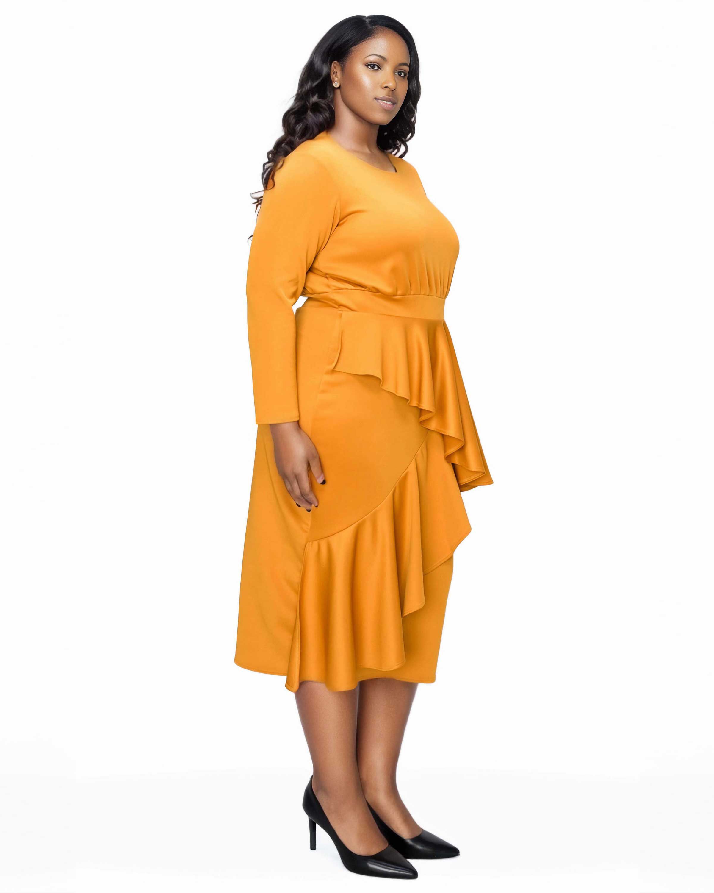 ALEXANDRA RUFFLED BODYCON DRESS, Mustard / Mustard, alternate image number 2