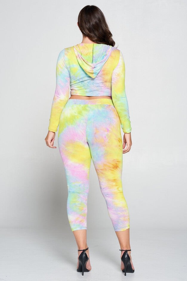 Crop Pullover Hoodie and Sweatpants Set, Yellow Tie Dye / Yellow, alternate image number 3