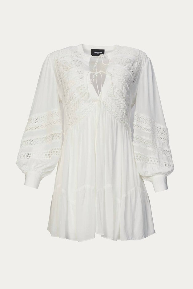 DRESS WITH LACE DETAILING IN WHITE, White / White, alternate image number null