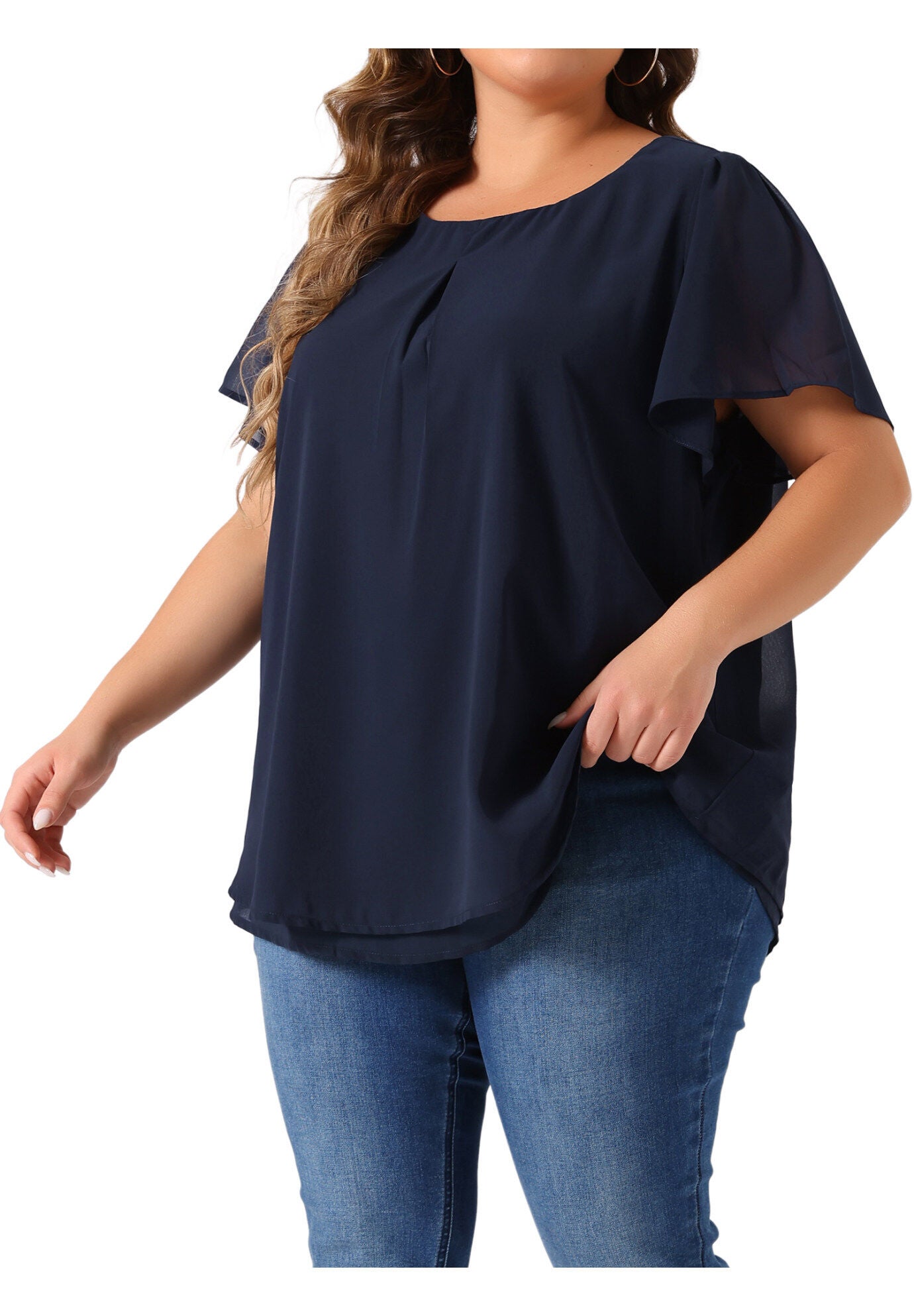 Ruffle Short Sleeve Double-Layered Chiffon Blouse, Navy Blue / Navy, alternate image number 3